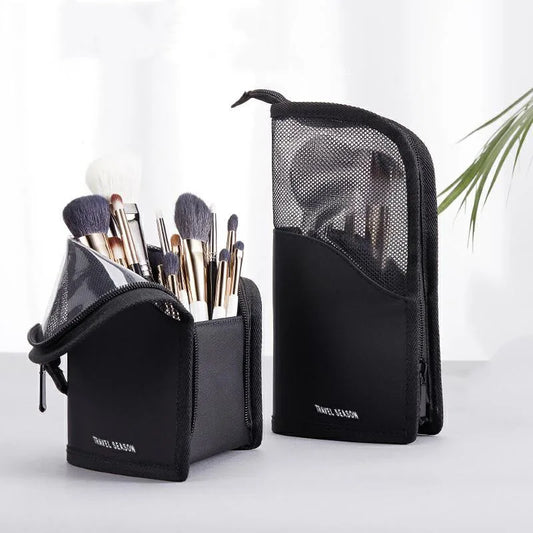 Standing Cosmetic Bag with Clear Zipper - Travel Makeup Organizer & Brush Holder