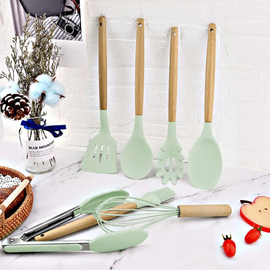 12-Piece Wooden Handle Silicone Kitchen Utensil Set