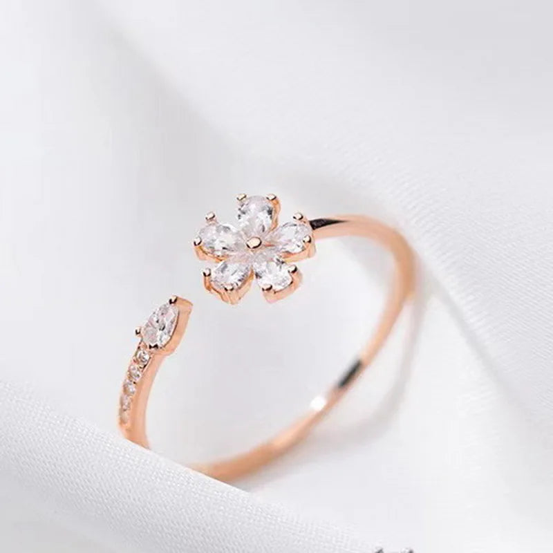 Adjustable Floral Zircon Ring - Elegant Flower Design Statement Ring for Women