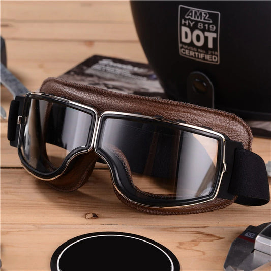 Retro Windproof Motorcycle Glasses with Folding Leather Frame