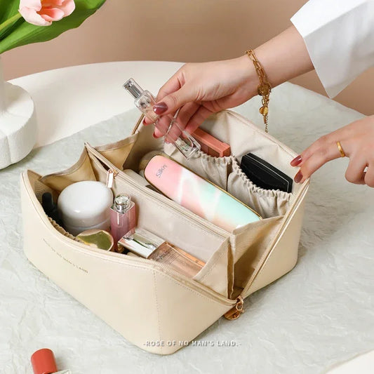 Large Capacity PU Leather Cosmetic Bag - Portable Travel Toiletry Organizer for Women