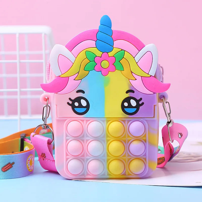 Kawaii Unicorn Crossbody Bag with Fidget Bubbles - Girls' Handbag & Stress Relief Toy