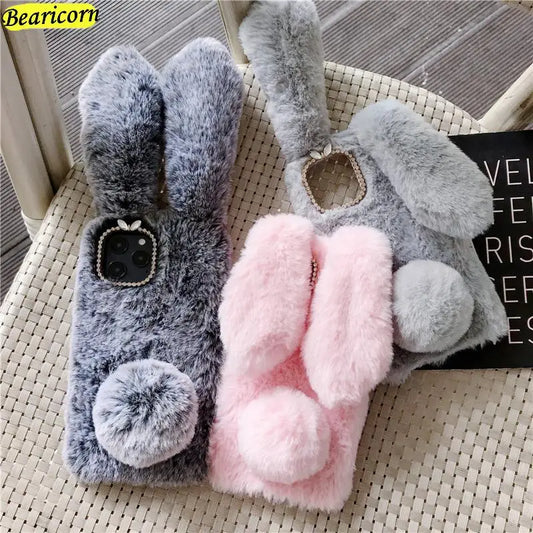 Soft Plush Rabbit iPhone Case - 3D Furry Bunny Warm Cover